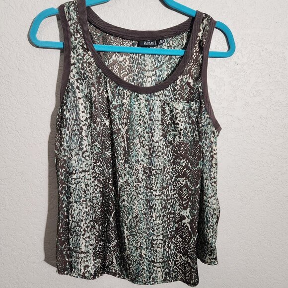 A.N.A Tank Top Womens Large Petite Sleeveless Brown Teal Animal Print Pocket - Picture 1 of 10